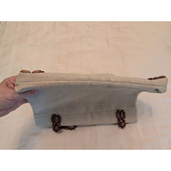 Vntg Fine Arts Bag Co Beige Linen & Wood Bead Purse Tote Zips Close Dual Handles - Picture 13 of 13